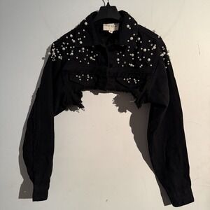 Blue Turtle Womens Small Black Cropped Beaded Frayed Jacket Festival Boho